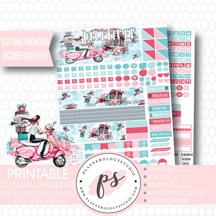 Jolly Christmas December 2017 Monthly View Kit Printable Planner Stickers (for use with ECLP Small Hardbound) - Plannerologystudio