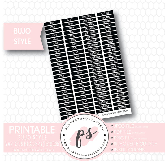 Black & White Neutral Headers (Today, To Do, etc)| Bullet Journal Bujo Printable Planner Stickers - Plannerologystudio