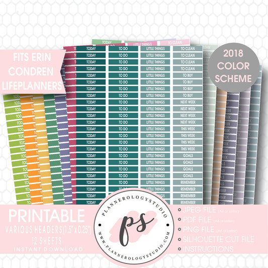 Erin Condren 2018 Color Scheme Header (Today, Today, etc) Printable Planner Stickers Bundle (12 Sheets) - Plannerologystudio