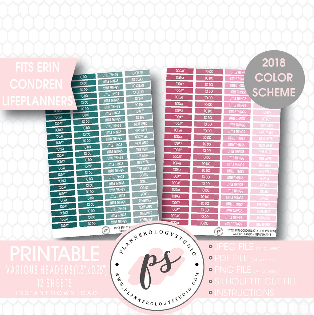 Erin Condren 2018 Color Scheme Header (Today, Today, etc) Printable Planner Stickers Bundle (12 Sheets) - Plannerologystudio