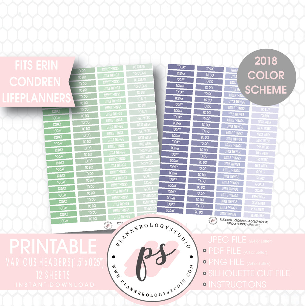 Erin Condren 2018 Color Scheme Header (Today, Today, etc) Printable Planner Stickers Bundle (12 Sheets) - Plannerologystudio