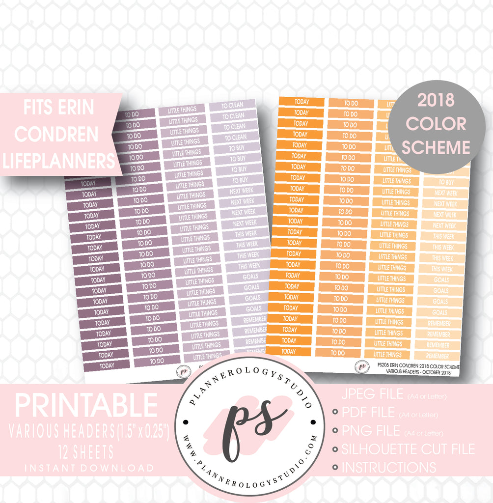 Erin Condren 2018 Color Scheme Header (Today, Today, etc) Printable Planner Stickers Bundle (12 Sheets) - Plannerologystudio