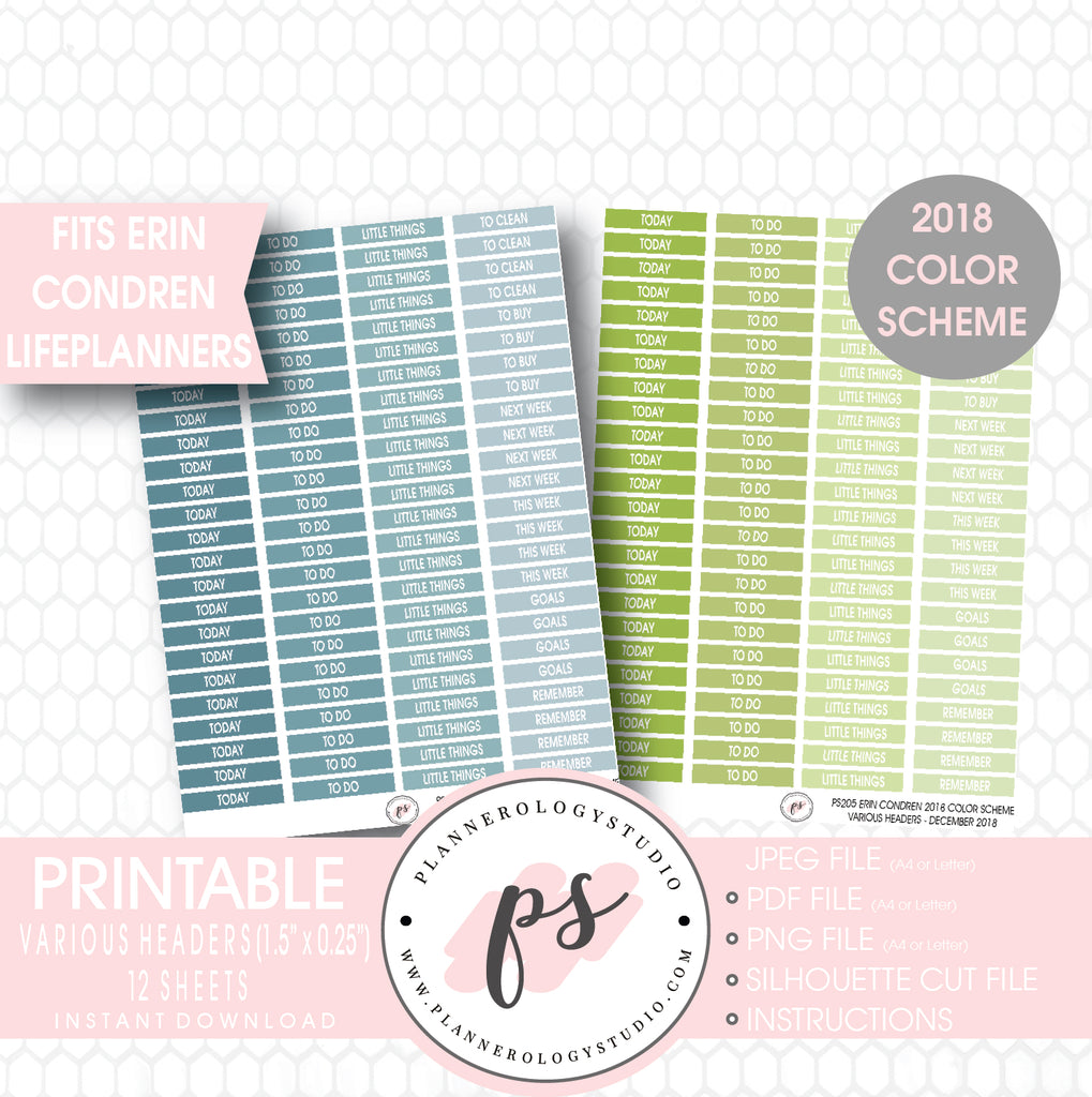 Erin Condren 2018 Color Scheme Header (Today, Today, etc) Printable Planner Stickers Bundle (12 Sheets) - Plannerologystudio