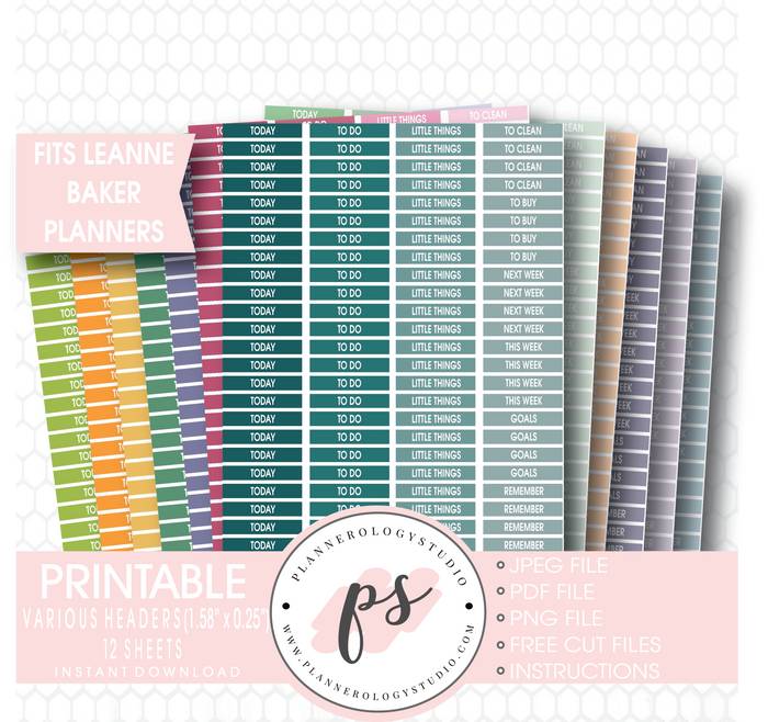 Leanne Baker Planner Headers (Today, Today, etc) Printable Planner Stickers Bundle (12 Sheets) - Plannerologystudio