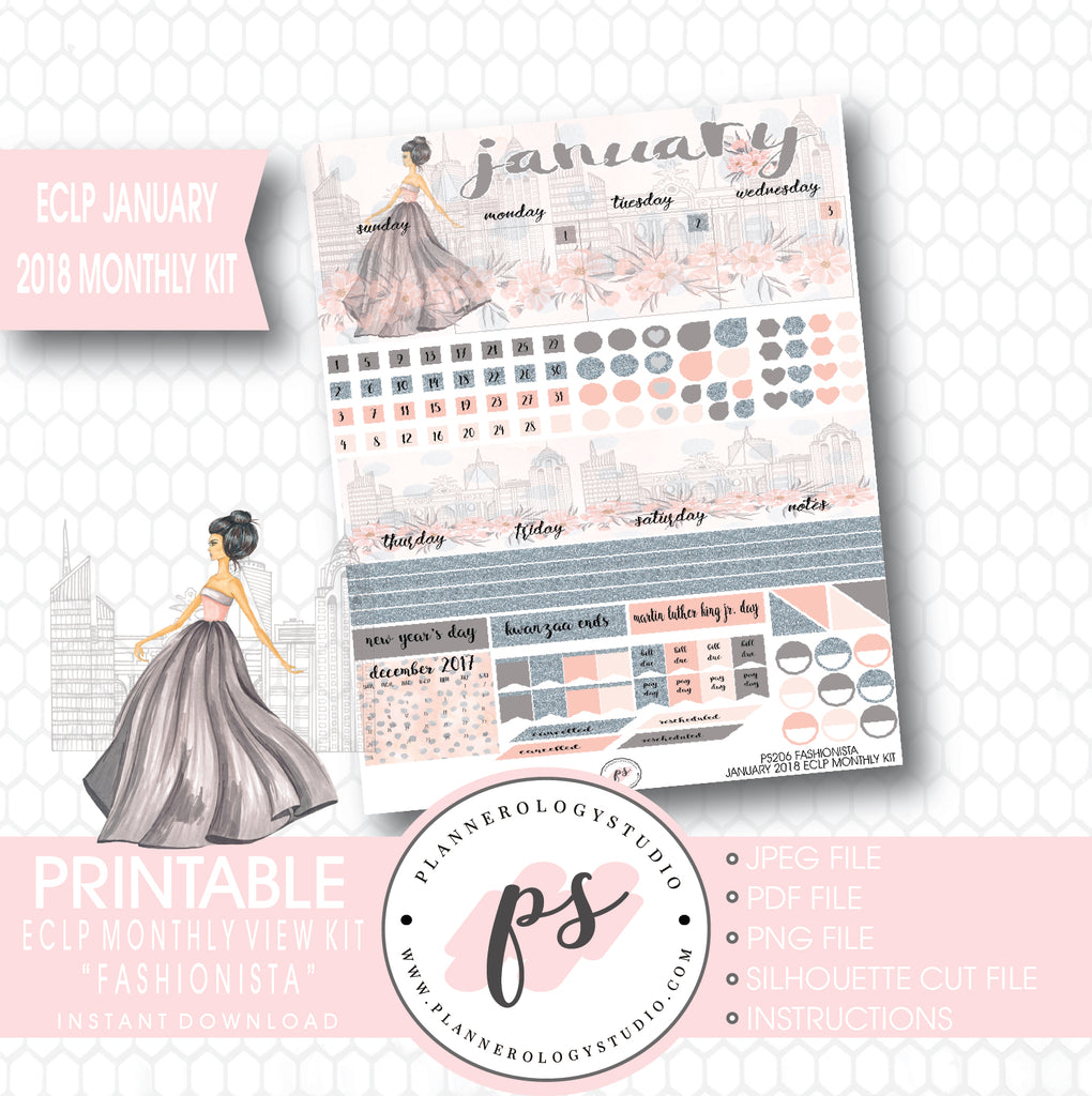 Fashionista January 2018 Monthly View Kit Printable Planner Stickers (for use with ECLP) - Plannerologystudio