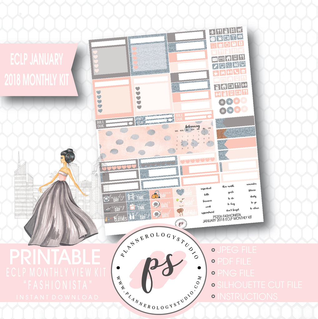 Fashionista January 2018 Monthly View Kit Printable Planner Stickers (for use with ECLP) - Plannerologystudio