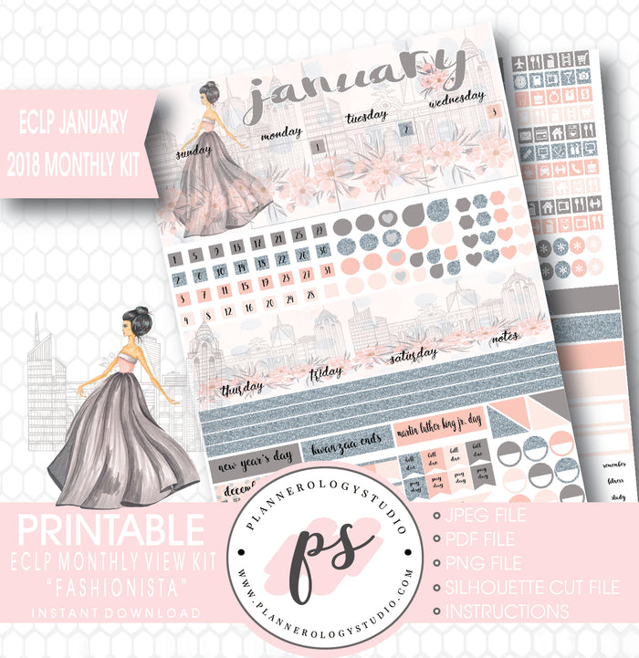 Fashionista January 2018 Monthly View Kit Printable Planner Stickers (for use with ECLP) - Plannerologystudio