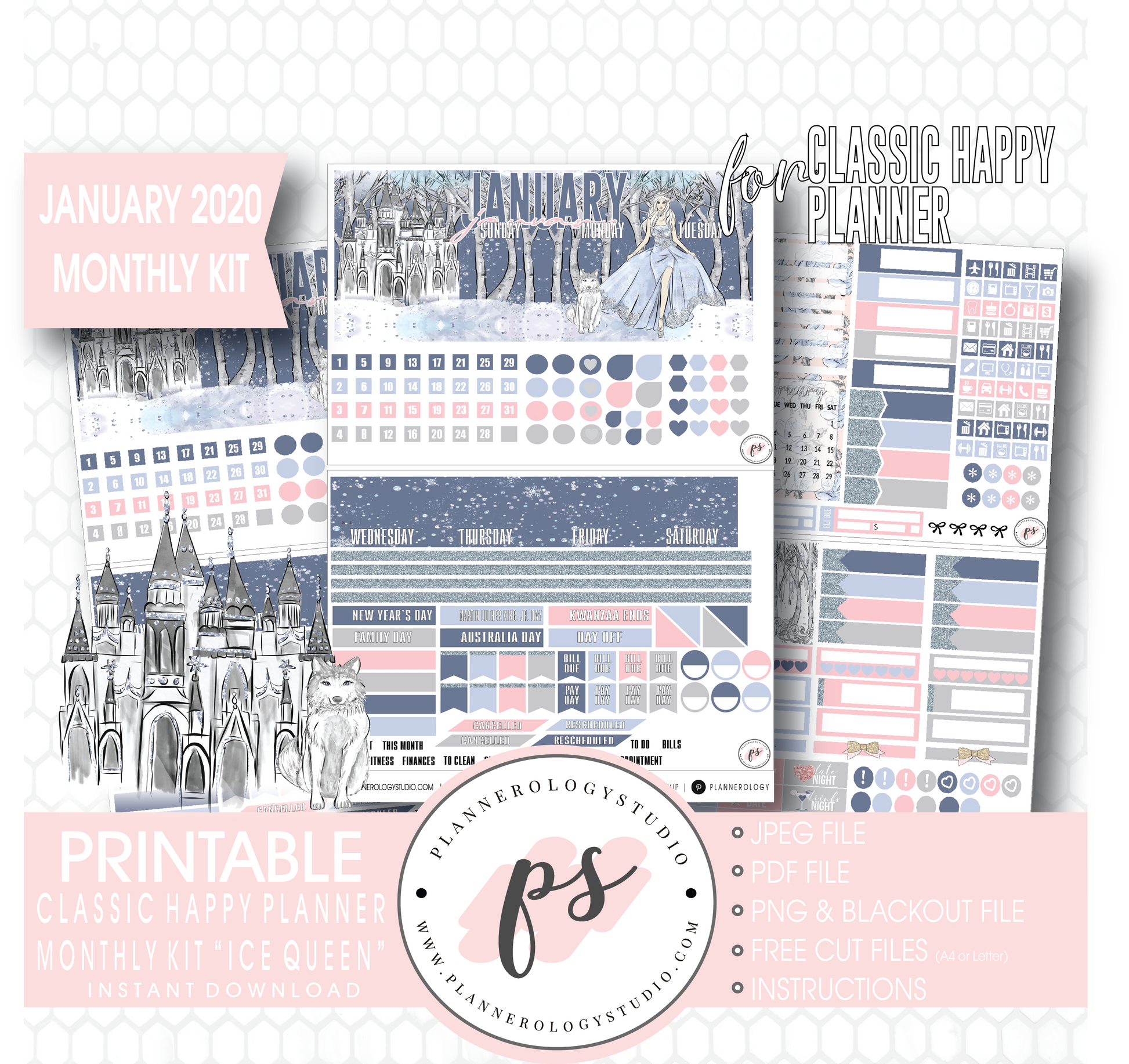 Ice Queen January 2020 Monthly View Kit Digital Printable Planner Stickers (for use with Classic Happy Planner) - Plannerologystudio