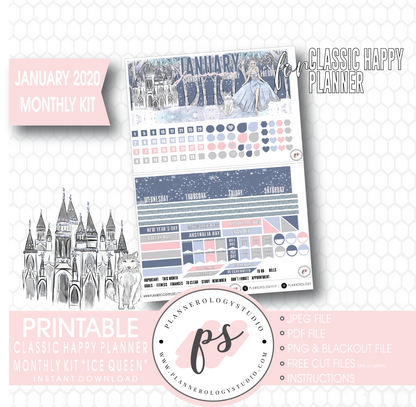 Ice Queen January 2020 Monthly View Kit Digital Printable Planner Stickers (for use with Classic Happy Planner) - Plannerologystudio