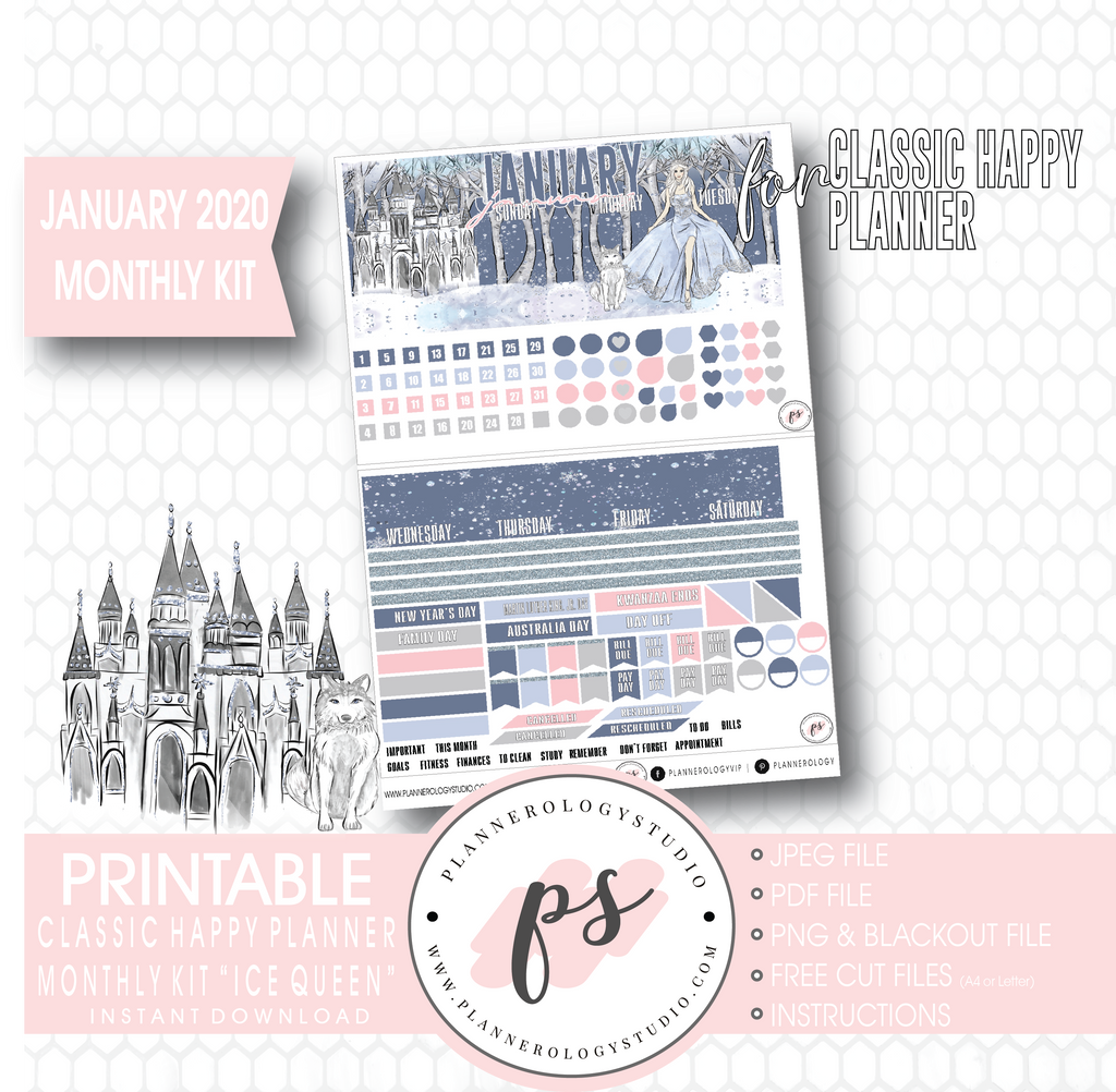 Ice Queen January 2020 Monthly View Kit Digital Printable Planner Stickers (for use with Classic Happy Planner) - Plannerologystudio