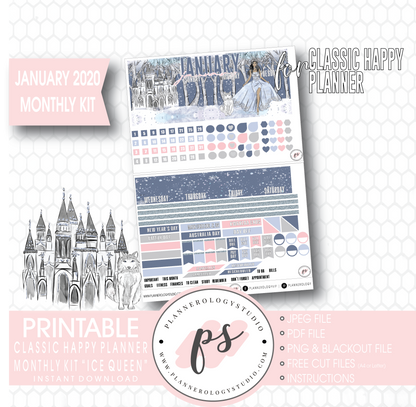 Ice Queen January 2020 Monthly View Kit Digital Printable Planner Stickers (for use with Classic Happy Planner) - Plannerologystudio