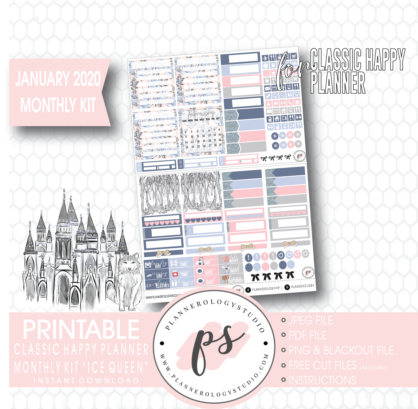 Ice Queen January 2020 Monthly View Kit Digital Printable Planner Stickers (for use with Classic Happy Planner) - Plannerologystudio
