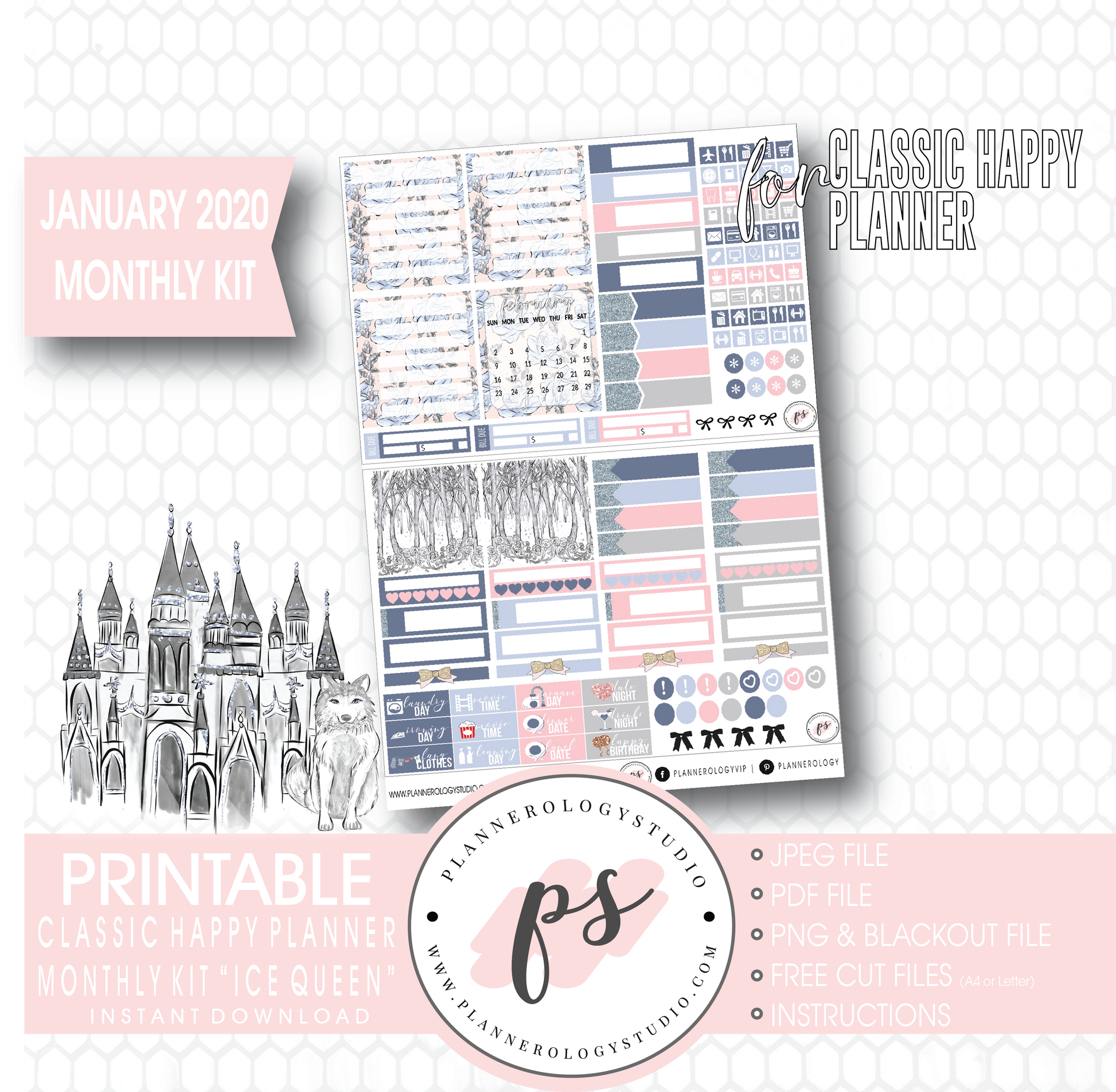 Ice Queen January 2020 Monthly View Kit Digital Printable Planner Stickers (for use with Classic Happy Planner) - Plannerologystudio