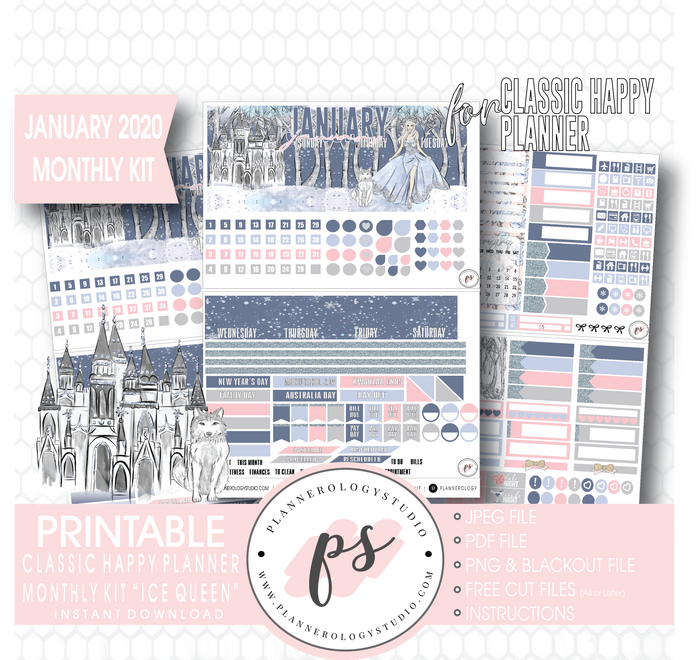 Ice Queen January 2020 Monthly View Kit Digital Printable Planner Stickers (for use with Classic Happy Planner) - Plannerologystudio