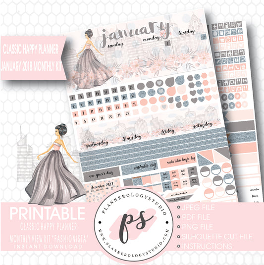 Fashionista January 2018 Monthly View Kit Printable Planner Stickers (for use with Classic Happy Planner) - Plannerologystudio