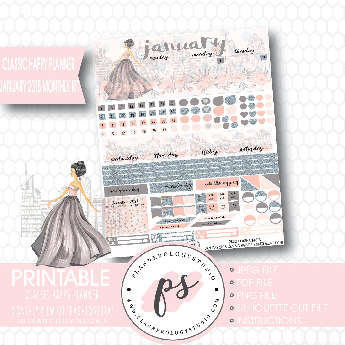 Fashionista January 2018 Monthly View Kit Printable Planner Stickers (for use with Classic Happy Planner) - Plannerologystudio