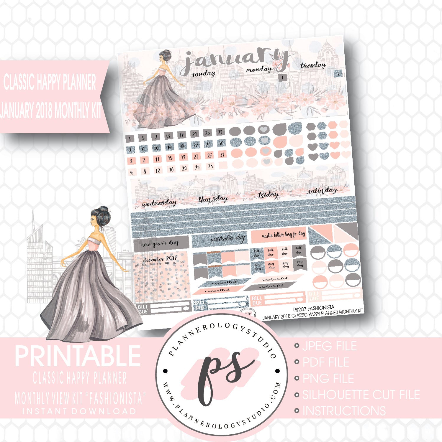Fashionista January 2018 Monthly View Kit Printable Planner Stickers (for use with Classic Happy Planner) - Plannerologystudio
