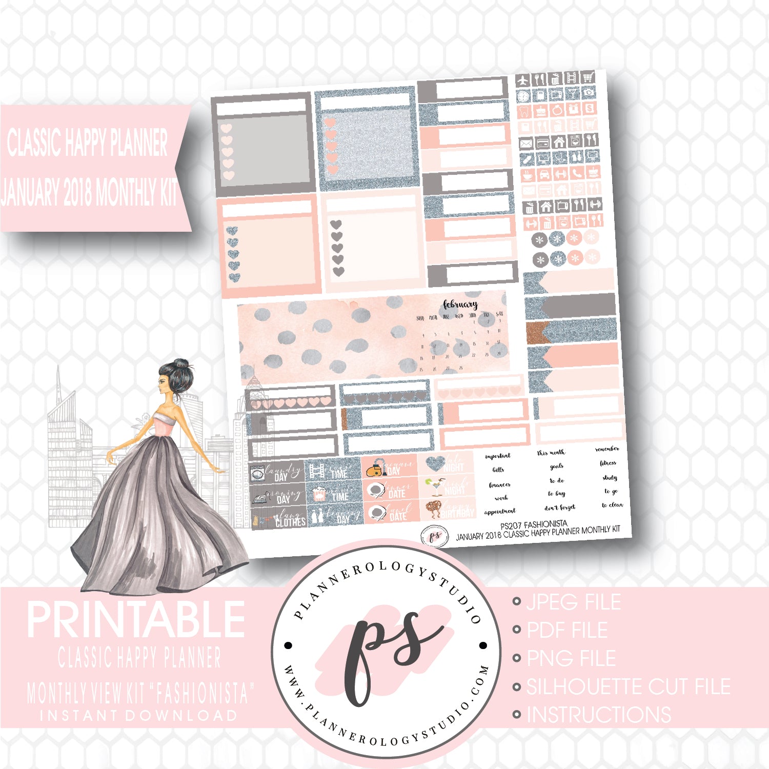 Fashionista January 2018 Monthly View Kit Printable Planner Stickers (for use with Classic Happy Planner) - Plannerologystudio