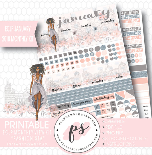 Fashionista (Dark Skin Tone) January 2018 Monthly View Kit Printable Planner Stickers (for use with ECLP) - Plannerologystudio