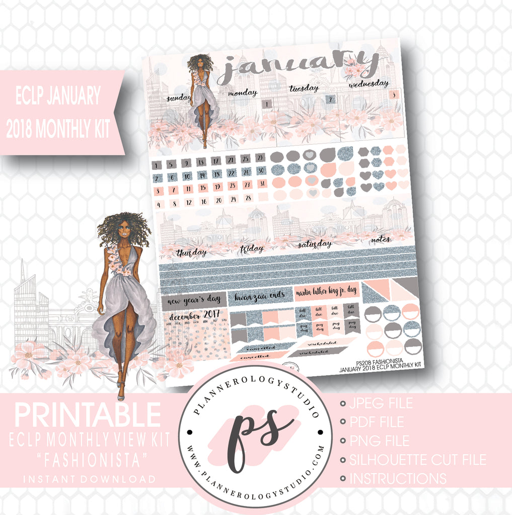 Fashionista (Dark Skin Tone) January 2018 Monthly View Kit Printable Planner Stickers (for use with ECLP) - Plannerologystudio