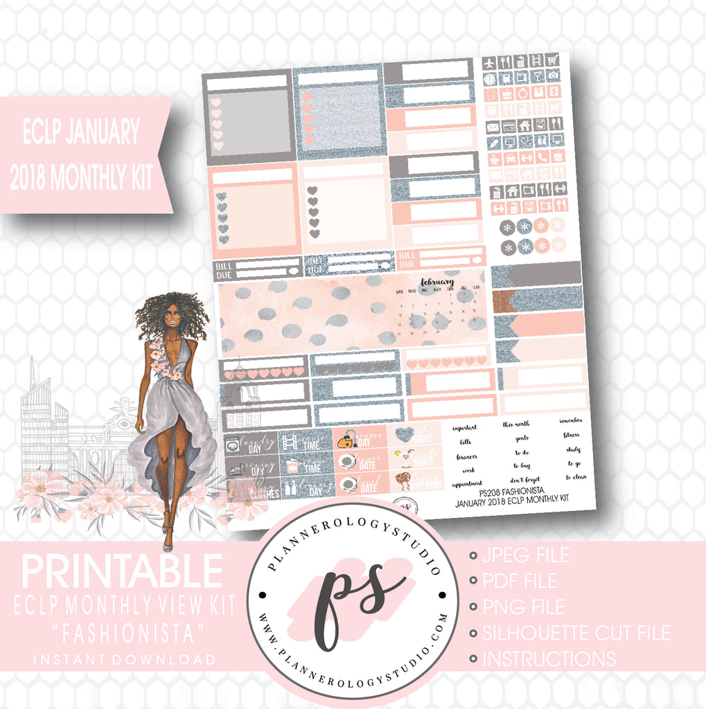 Fashionista (Dark Skin Tone) January 2018 Monthly View Kit Printable Planner Stickers (for use with ECLP) - Plannerologystudio