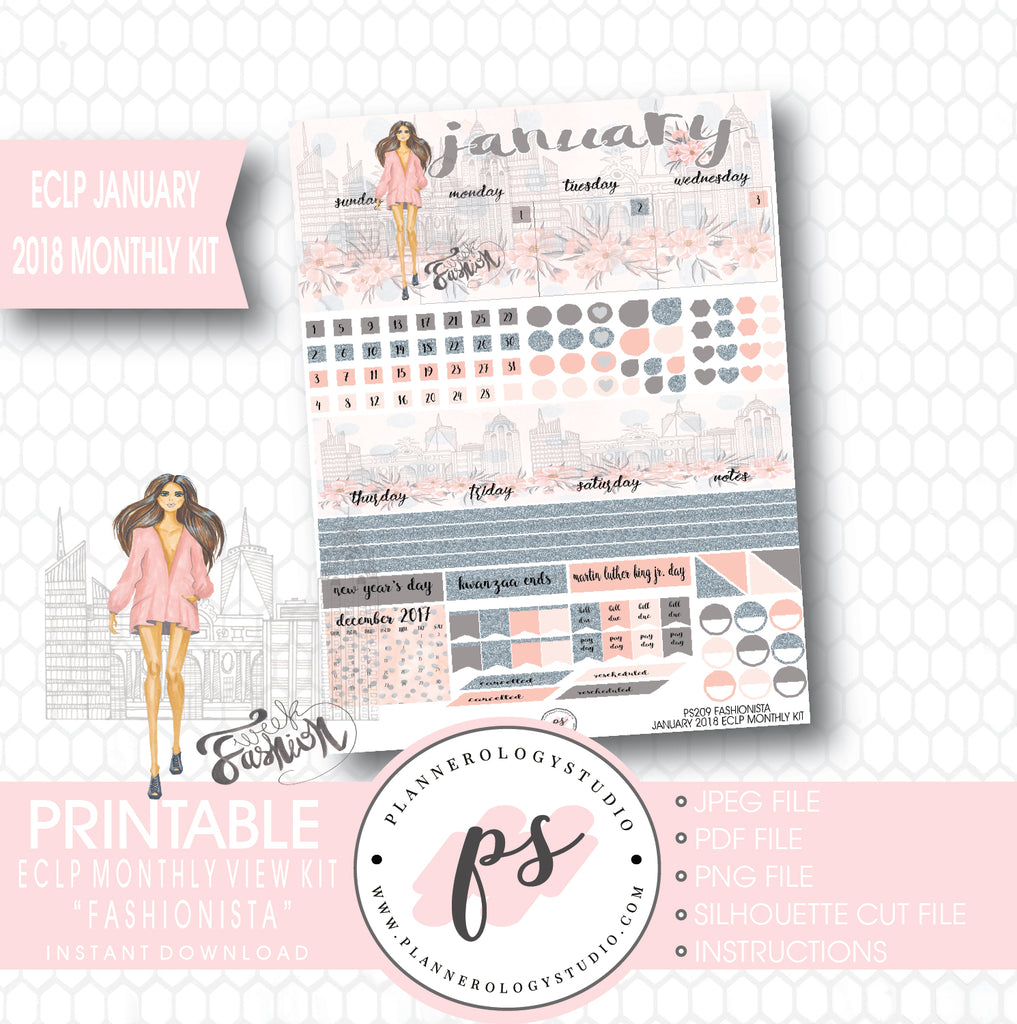 Fashionista January 2018 Monthly View Kit Printable Planner Stickers (for use with ECLP) - Plannerologystudio