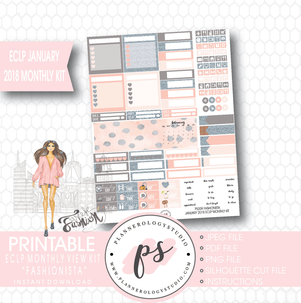 Fashionista January 2018 Monthly View Kit Printable Planner Stickers (for use with ECLP) - Plannerologystudio