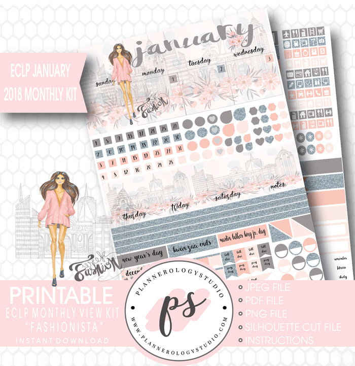 Fashionista January 2018 Monthly View Kit Printable Planner Stickers (for use with ECLP) - Plannerologystudio