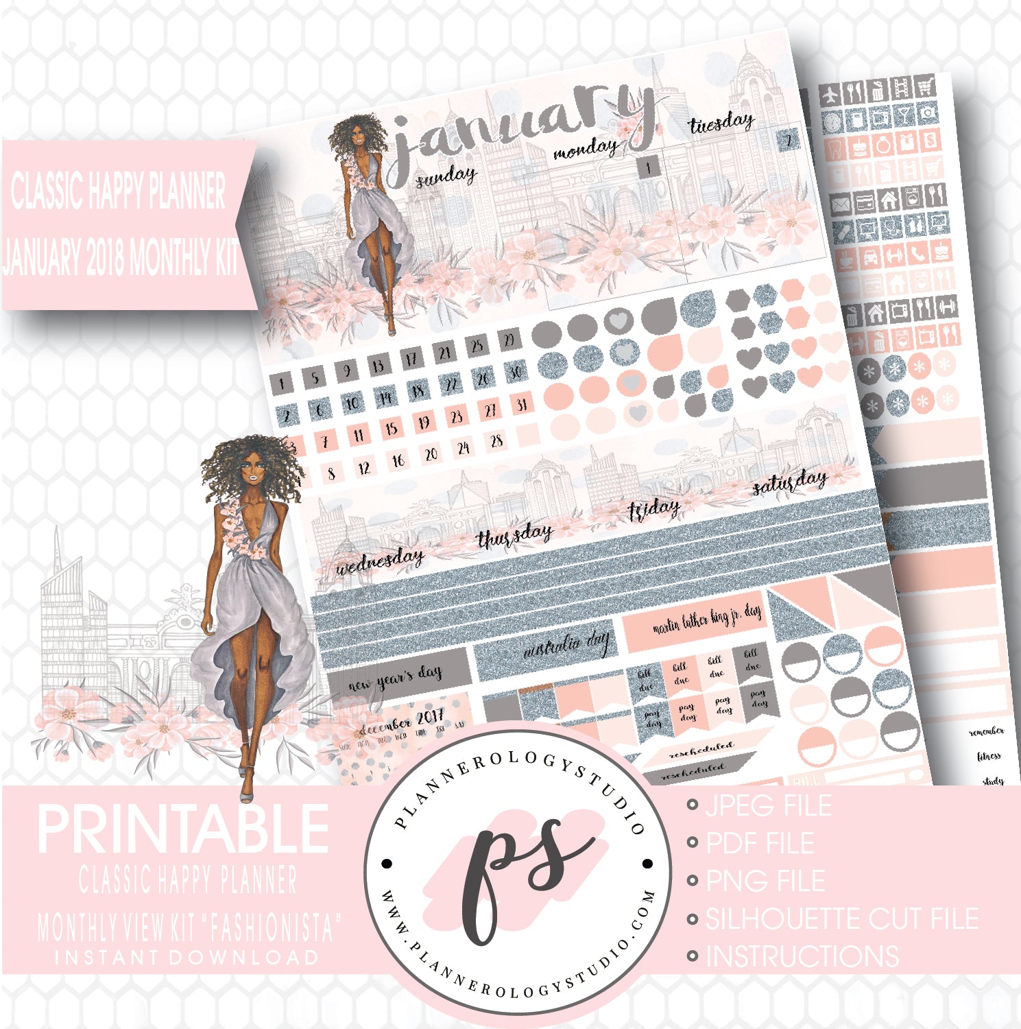 Fashionista (Dark Skin Tone) January 2018 Monthly View Kit Printable Planner Stickers (for use with Classic Happy Planner) - Plannerologystudio