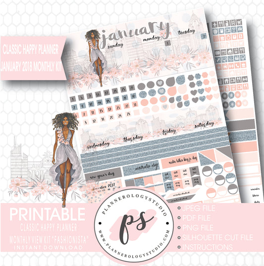 Fashionista (Dark Skin Tone) January 2018 Monthly View Kit Printable Planner Stickers (for use with Classic Happy Planner) - Plannerologystudio