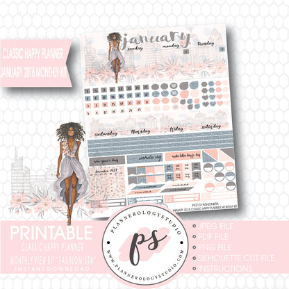 Fashionista (Dark Skin Tone) January 2018 Monthly View Kit Printable Planner Stickers (for use with Classic Happy Planner) - Plannerologystudio