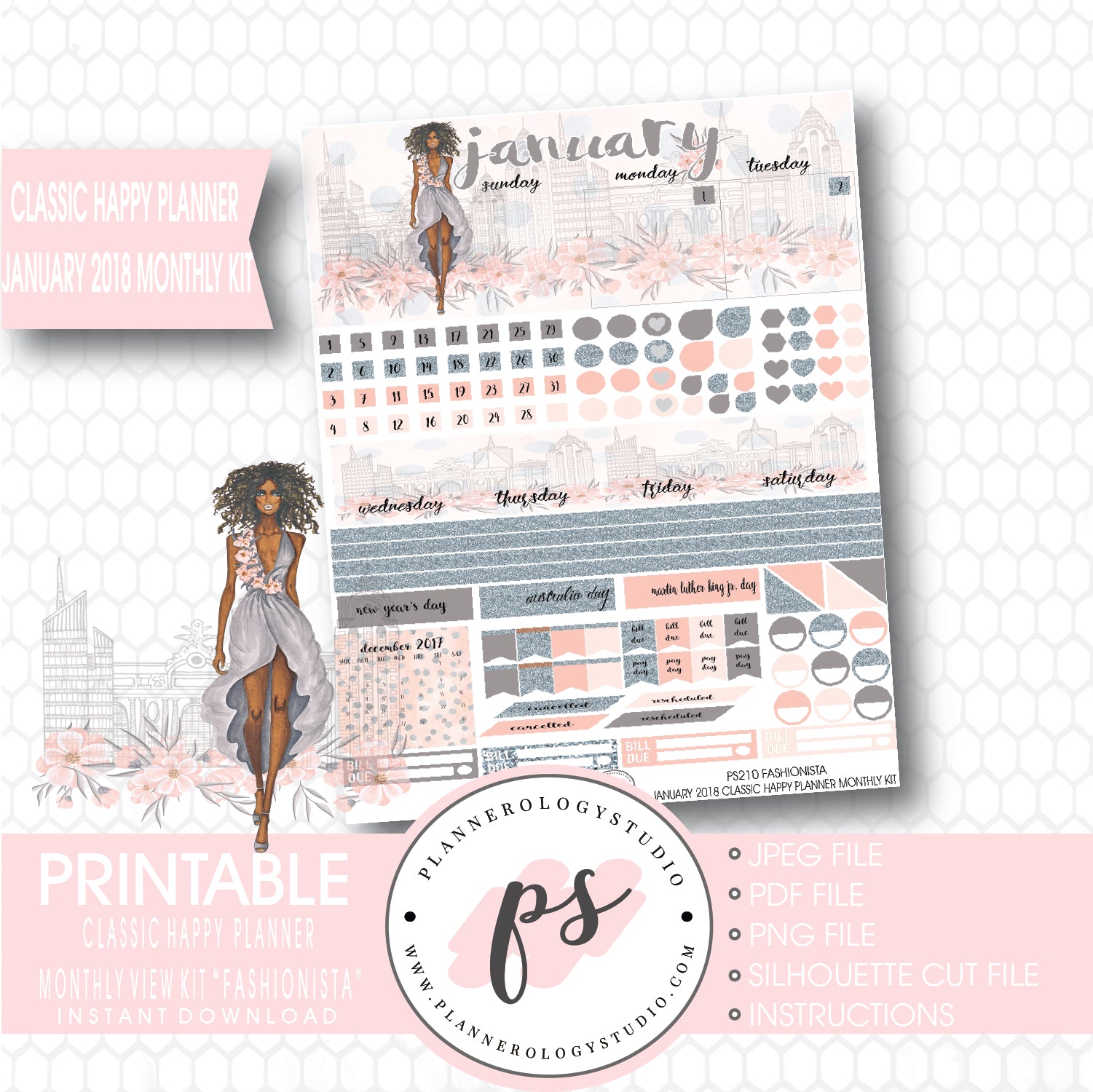 Fashionista (Dark Skin Tone) January 2018 Monthly View Kit Printable Planner Stickers (for use with Classic Happy Planner) - Plannerologystudio