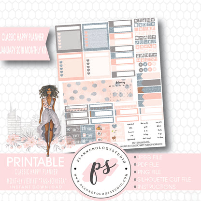 Fashionista (Dark Skin Tone) January 2018 Monthly View Kit Printable Planner Stickers (for use with Classic Happy Planner) - Plannerologystudio