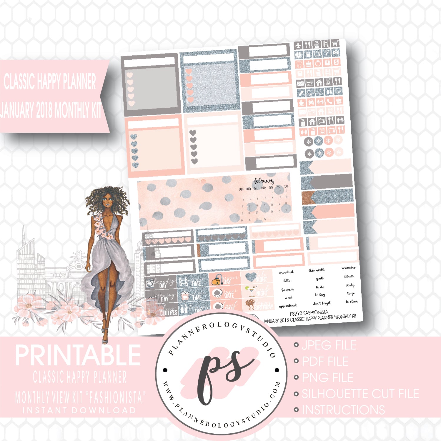 Fashionista (Dark Skin Tone) January 2018 Monthly View Kit Printable Planner Stickers (for use with Classic Happy Planner) - Plannerologystudio