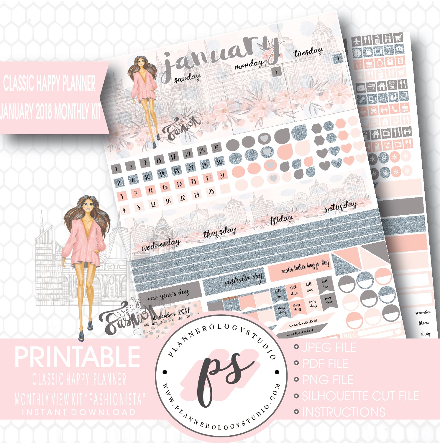 Fashionista January 2018 Monthly View Kit Printable Planner Stickers (for use with Classic Happy Planner) - Plannerologystudio