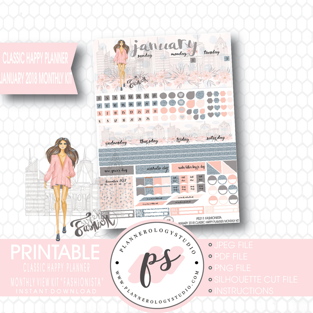Fashionista January 2018 Monthly View Kit Printable Planner Stickers (for use with Classic Happy Planner) - Plannerologystudio