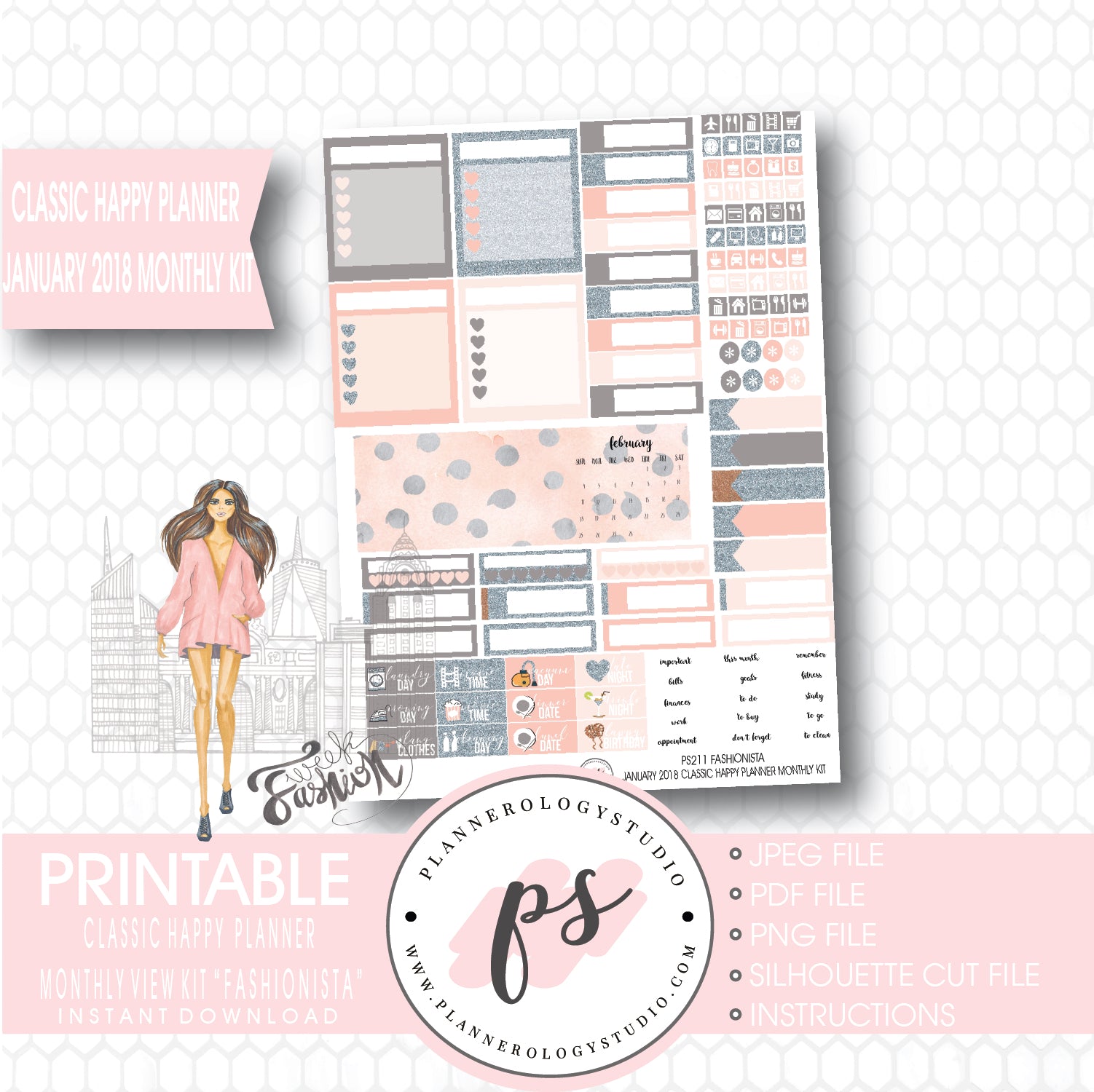 Fashionista January 2018 Monthly View Kit Printable Planner Stickers (for use with Classic Happy Planner) - Plannerologystudio