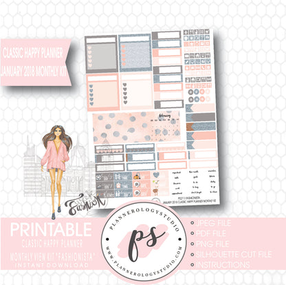 Fashionista January 2018 Monthly View Kit Printable Planner Stickers (for use with Classic Happy Planner) - Plannerologystudio