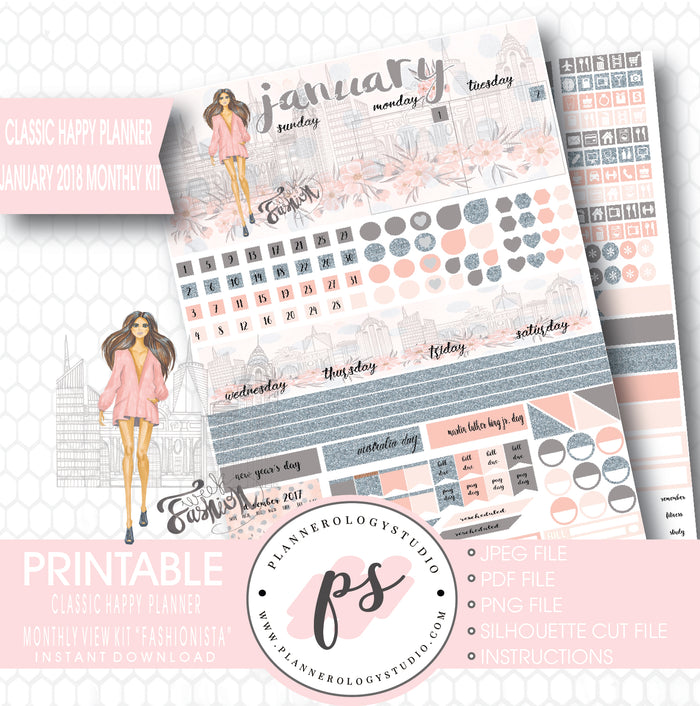 Fashionista January 2018 Monthly View Kit Printable Planner Stickers (for use with Classic Happy Planner) - Plannerologystudio