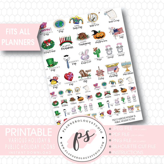 Various Holiday & Public Holiday Icons Printable Planner Stickers - Plannerologystudio