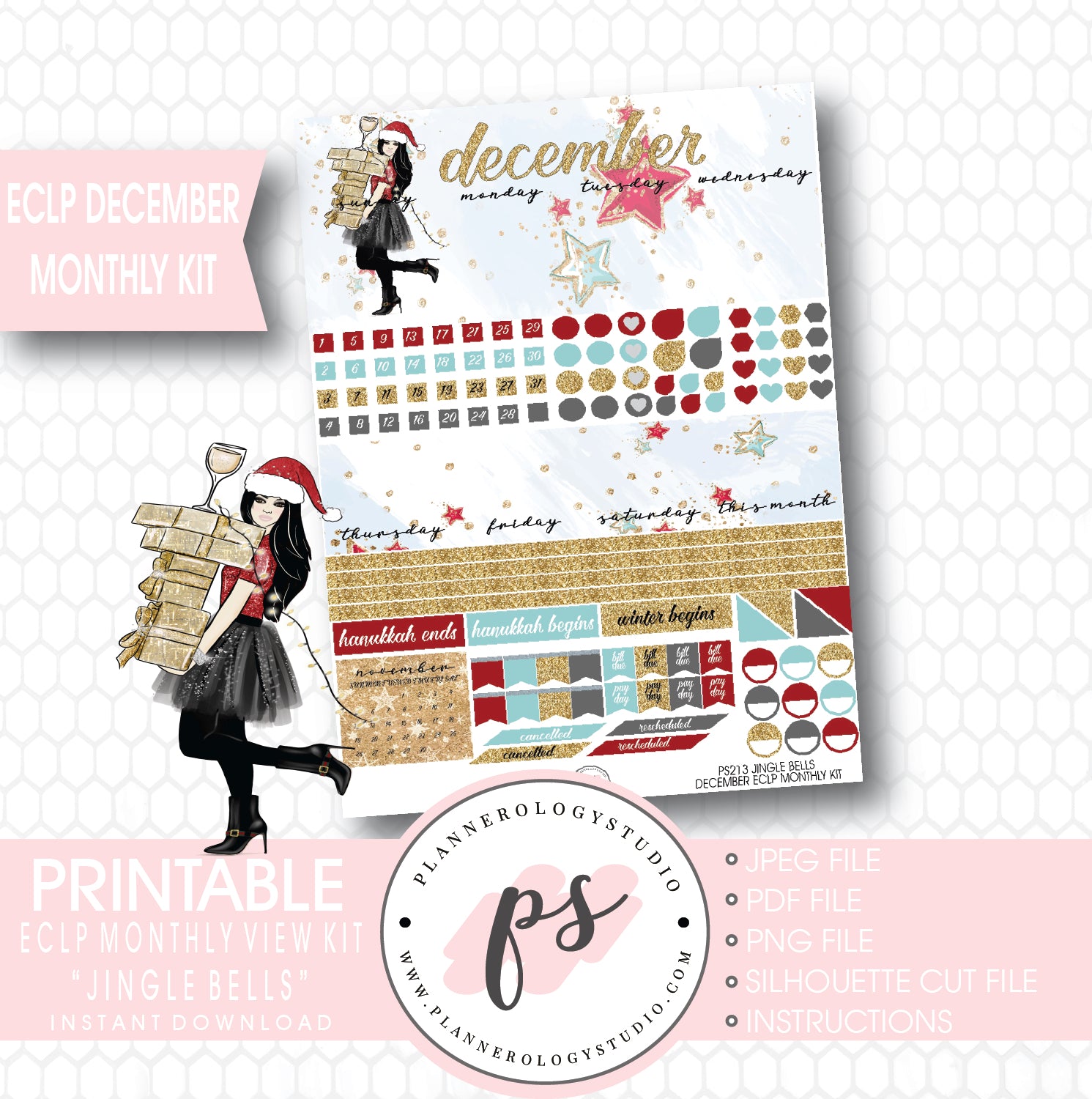 Jingle Bells Christmas 2017 December Monthly View Kit Printable Planner Stickers (for use with ECLP) - Plannerologystudio