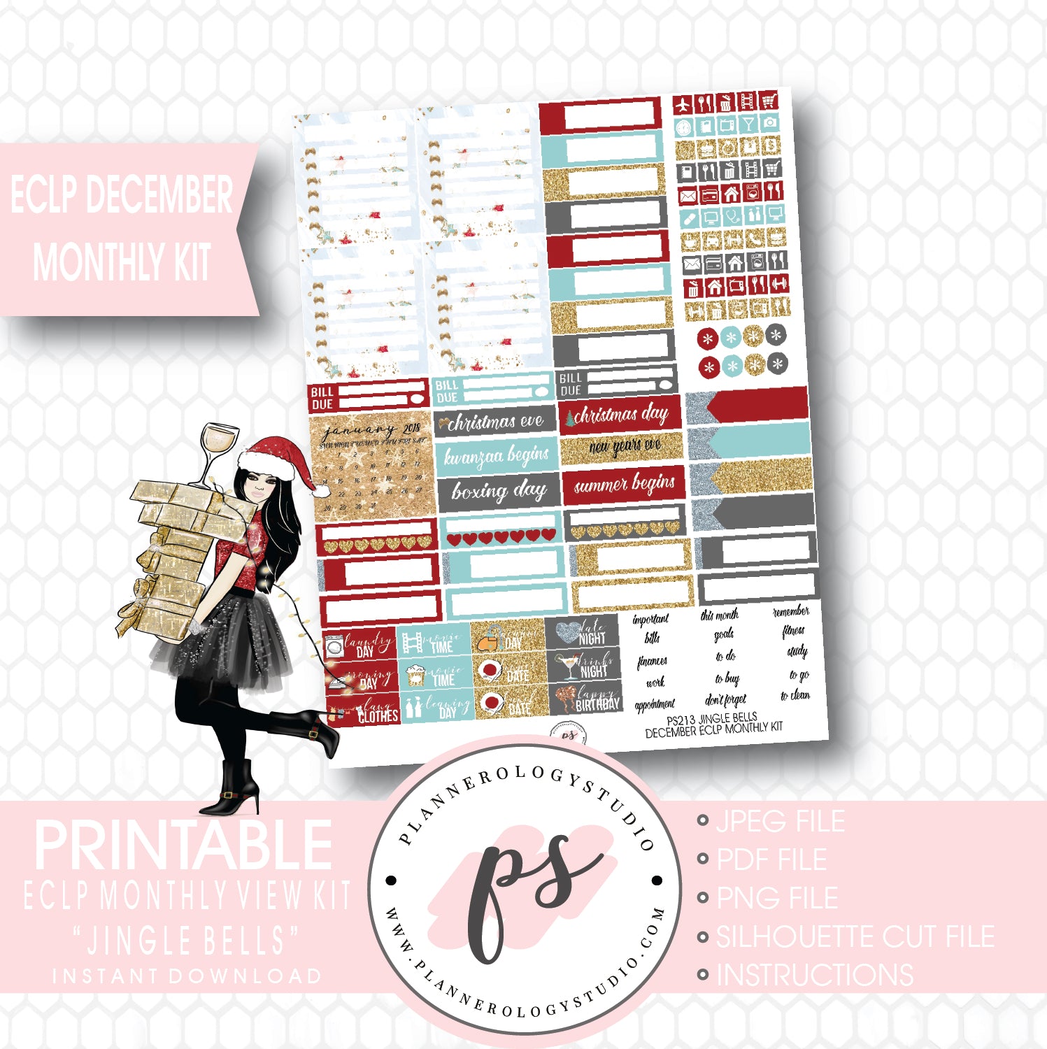 Jingle Bells Christmas 2017 December Monthly View Kit Printable Planner Stickers (for use with ECLP) - Plannerologystudio