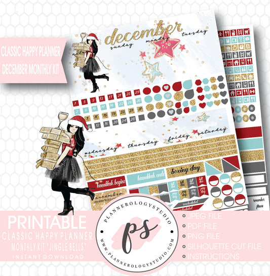 Jingle Bells Christmas December 2017 Monthly View Kit Printable Planner Stickers (for use with Classic Happy Planner) - Plannerologystudio