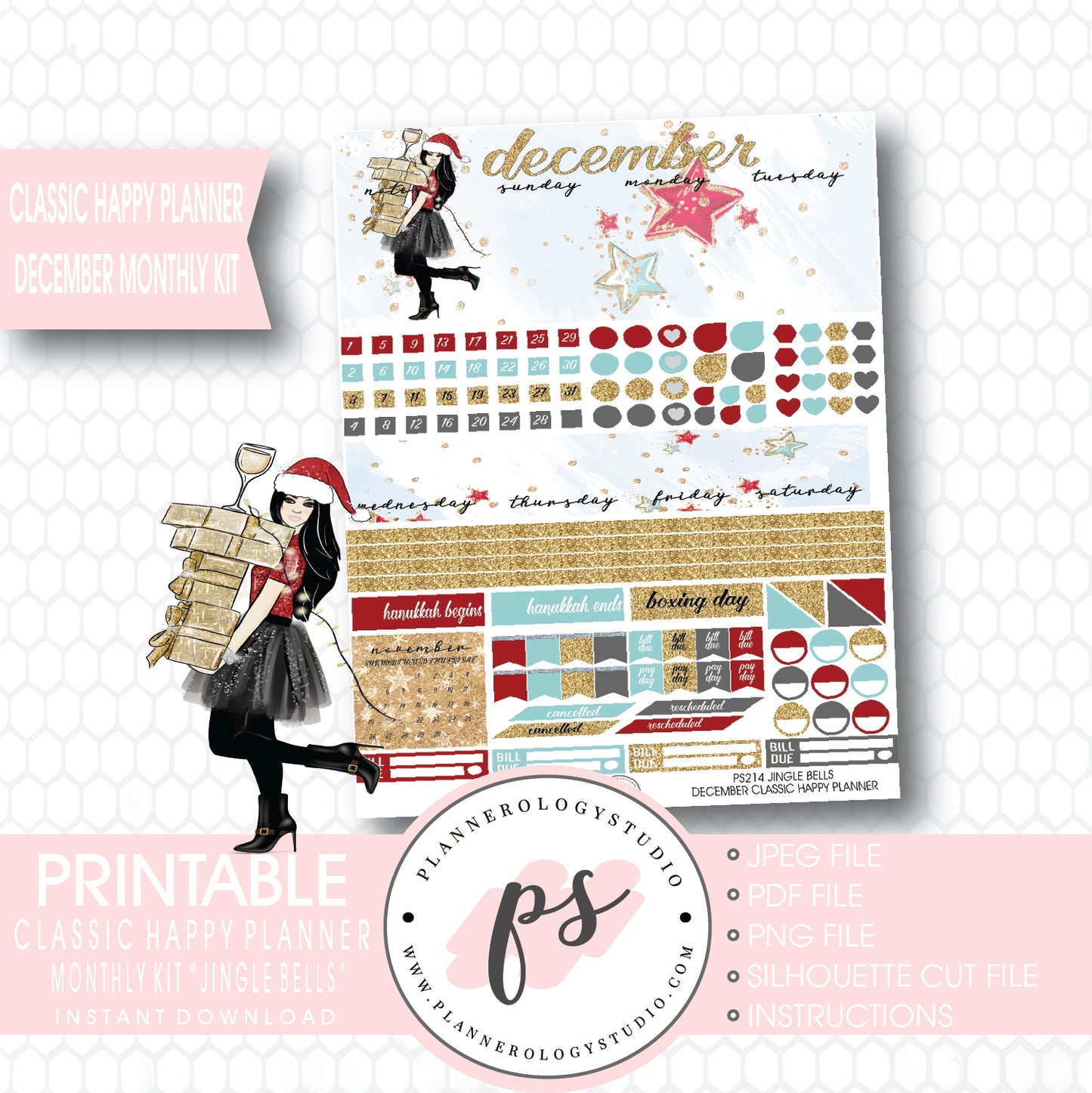 Jingle Bells Christmas December 2017 Monthly View Kit Printable Planner Stickers (for use with Classic Happy Planner) - Plannerologystudio