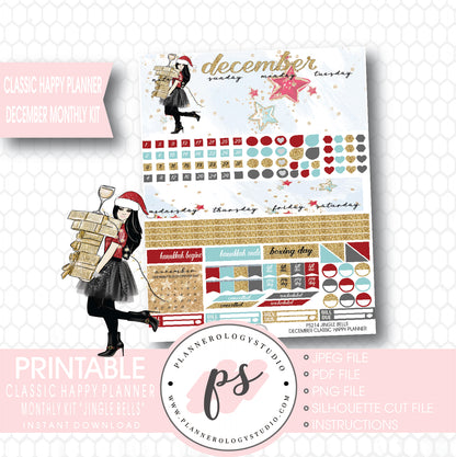 Jingle Bells Christmas December 2017 Monthly View Kit Printable Planner Stickers (for use with Classic Happy Planner) - Plannerologystudio