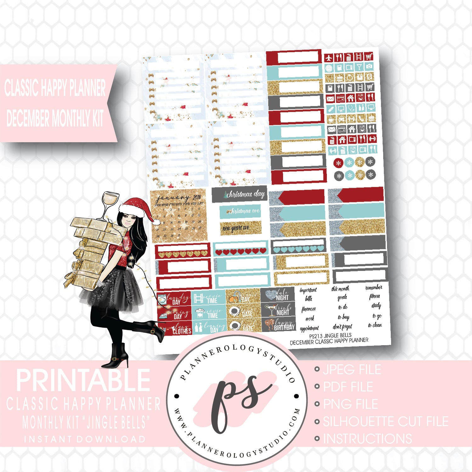 Jingle Bells Christmas December 2017 Monthly View Kit Printable Planner Stickers (for use with Classic Happy Planner) - Plannerologystudio