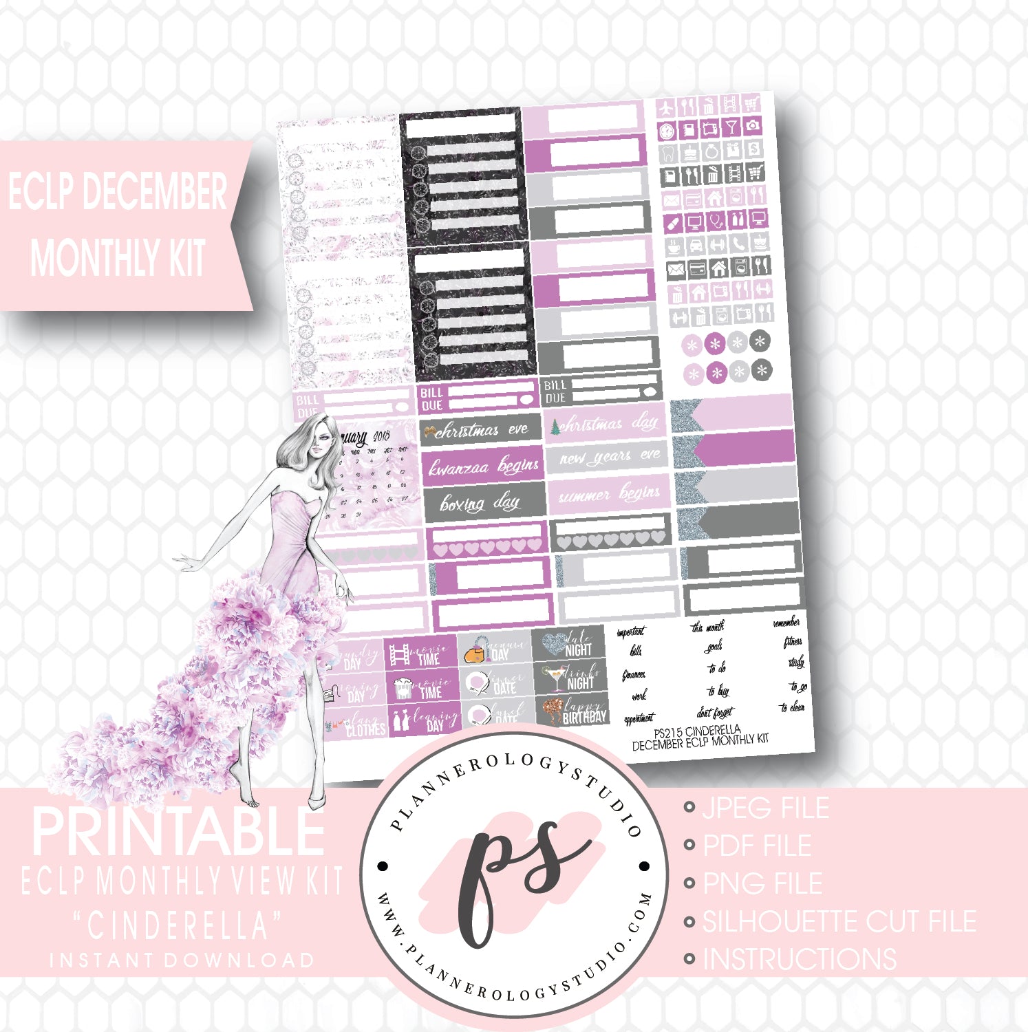 Cinderella December 2017 Monthly View Kit Printable Planner Stickers (for use with ECLP) - Plannerologystudio