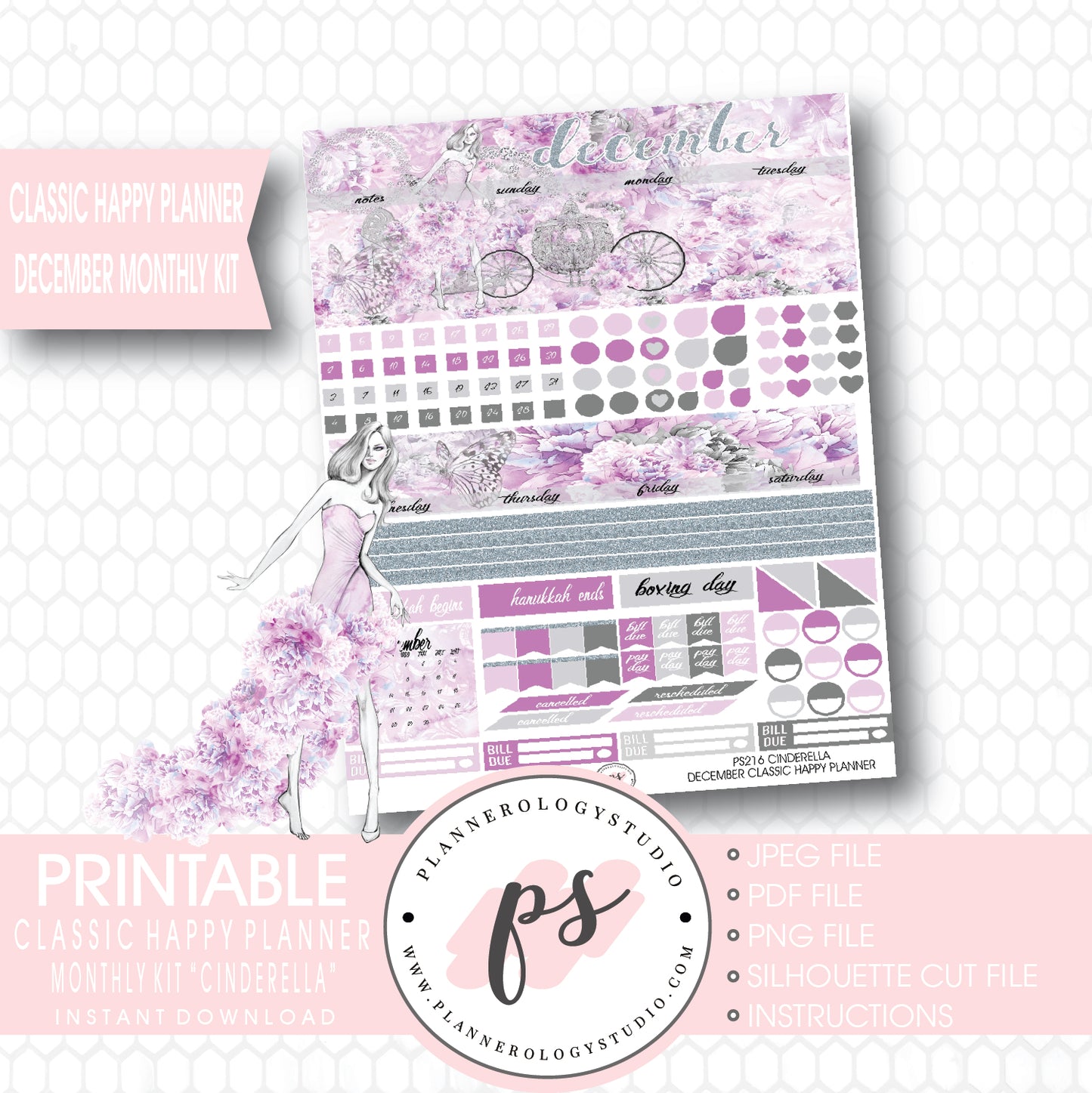 Cinderella December 2017 Monthly View Kit Printable Planner Stickers (for use with Classic Happy Planner) - Plannerologystudio