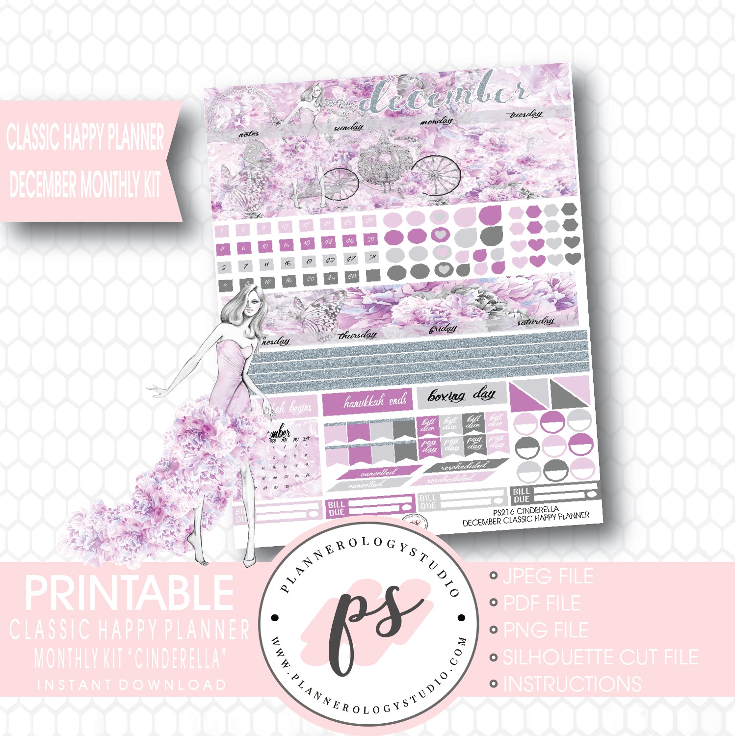 Cinderella December 2017 Monthly View Kit Printable Planner Stickers (for use with Classic Happy Planner) - Plannerologystudio