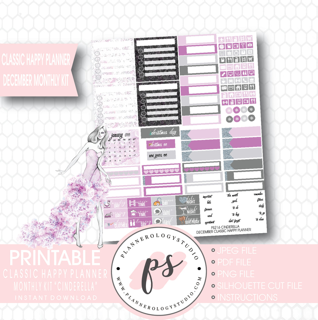 Cinderella December 2017 Monthly View Kit Printable Planner Stickers (for use with Classic Happy Planner) - Plannerologystudio